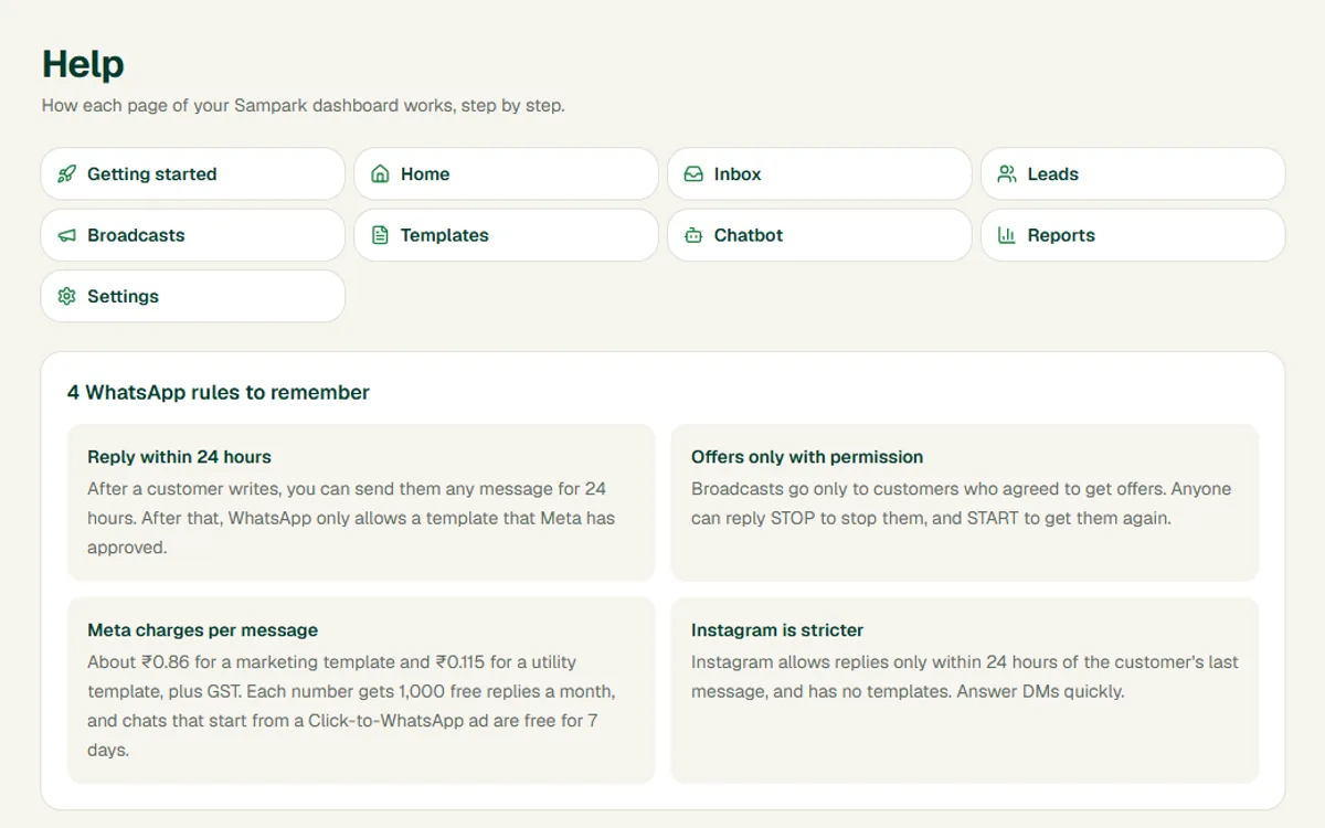 The Help page in the Sampark dashboard